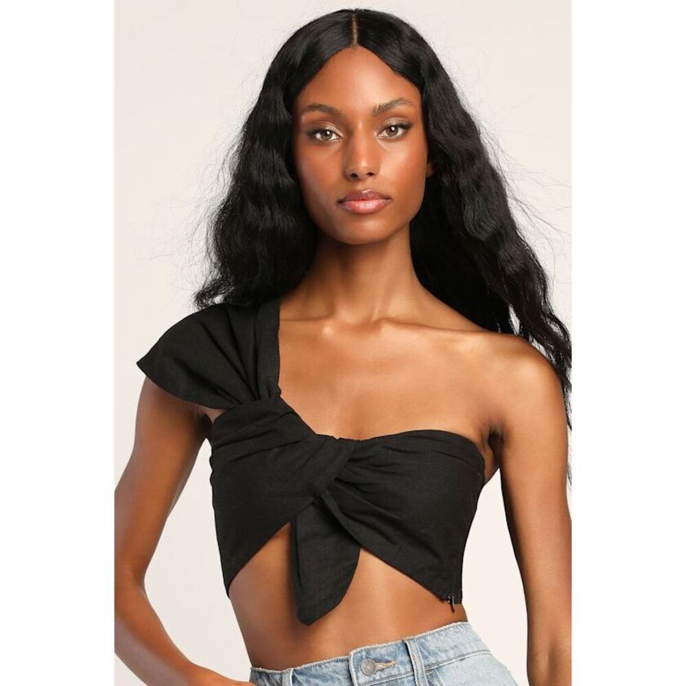 Lulus What's Knot To Love Black One-shoulder Knot-front Crop Top - Size S